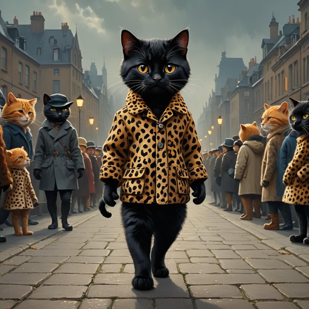 Elegant Chibi Cat on Catwalk, Michael Sowa Style