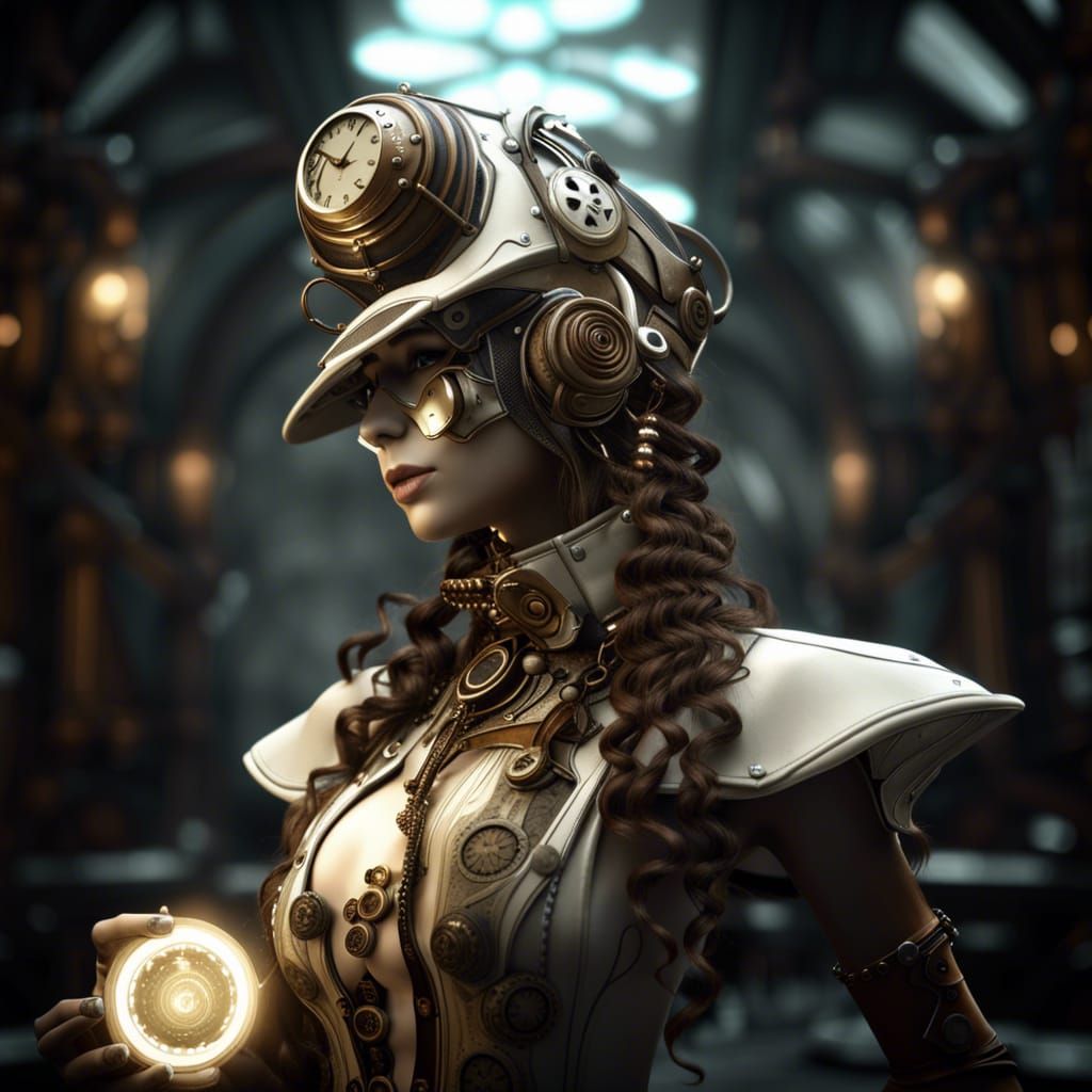 Steampunk Warframe in Fairycore Vorticism Style