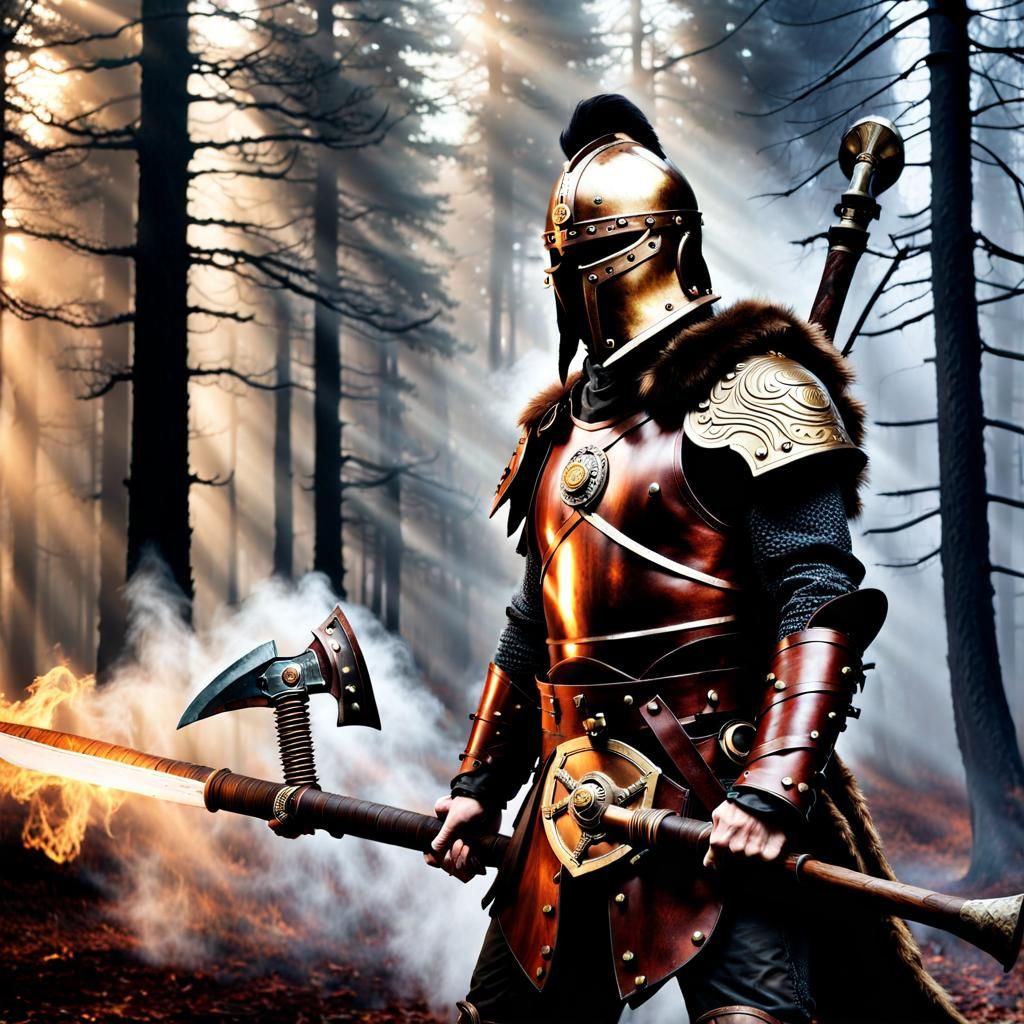 Steampunk Anglo-Saxon Warrior in Misty Forest