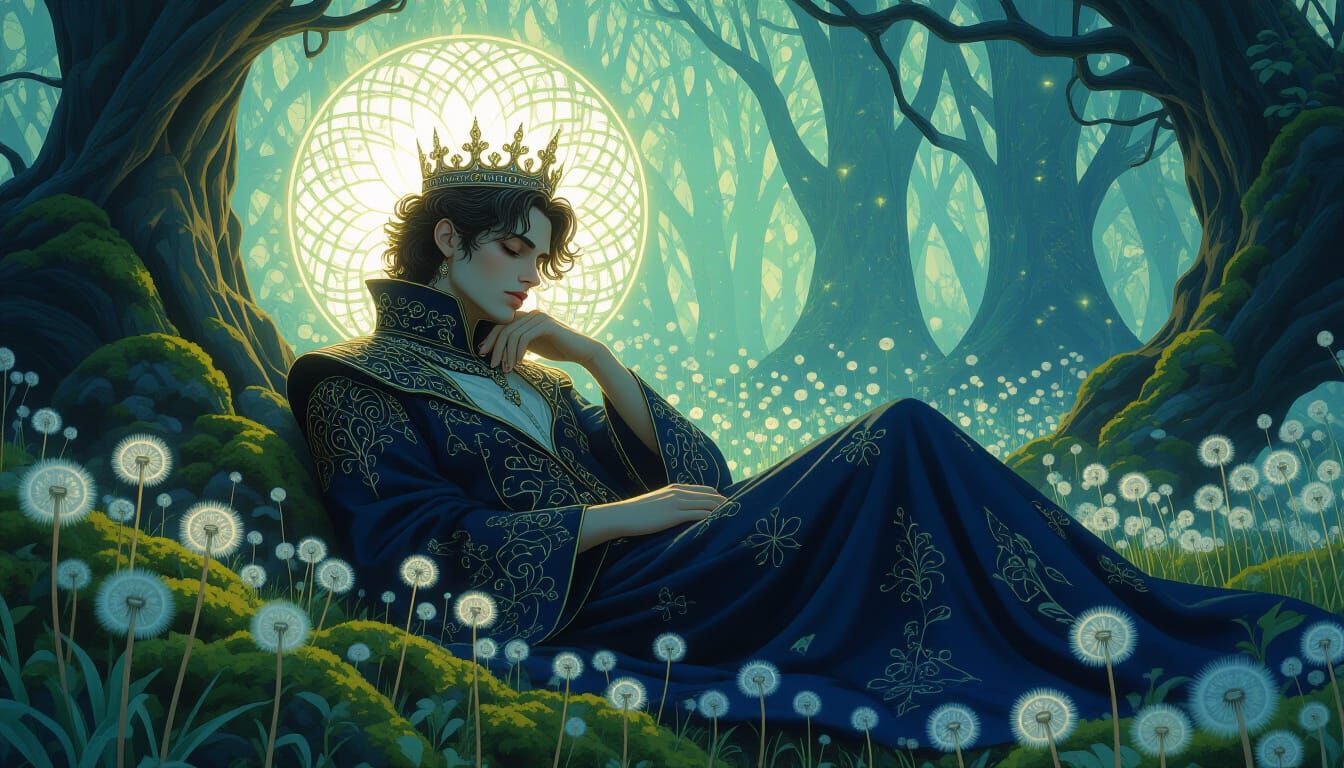 Ethereal Prince in Bioluminescent Forest, Stained Glass Styl...