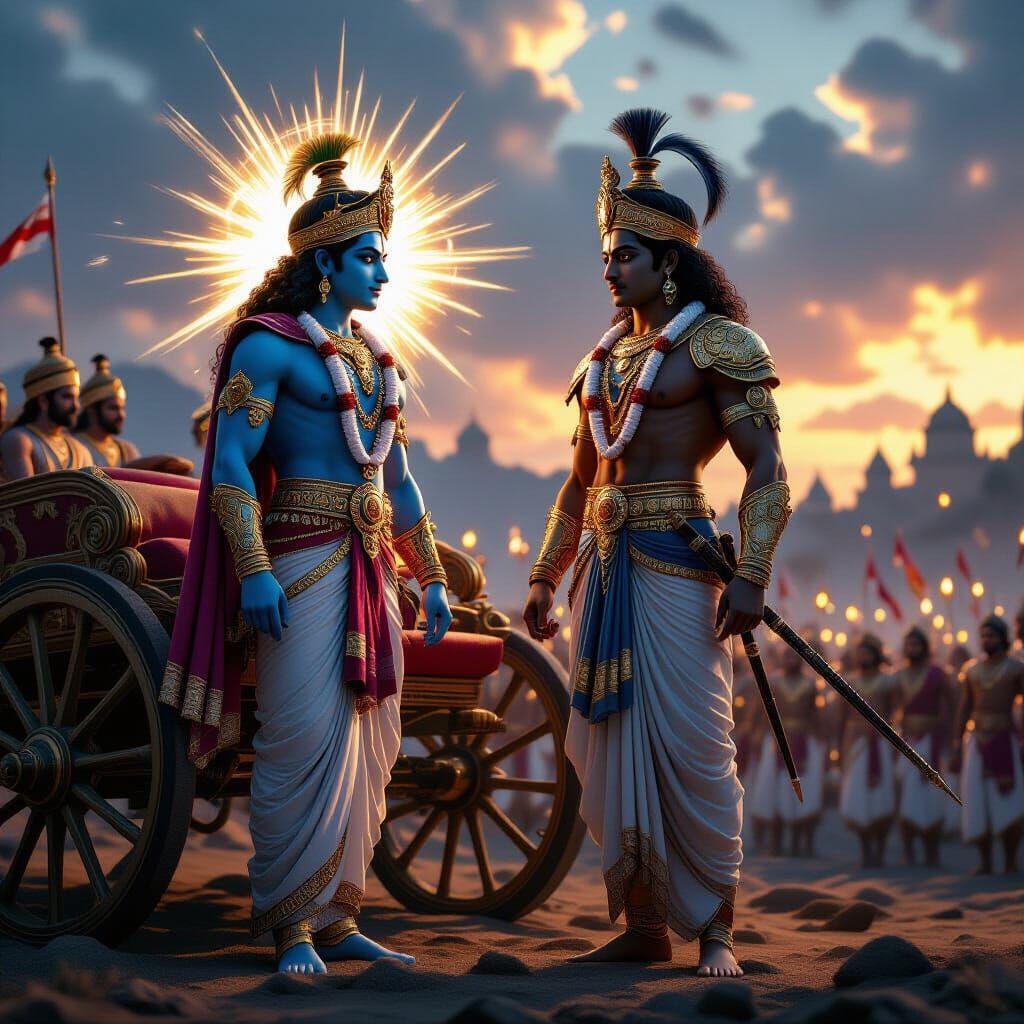 Arjuna and Krishna on Kurukshetra Battlefield in 3D