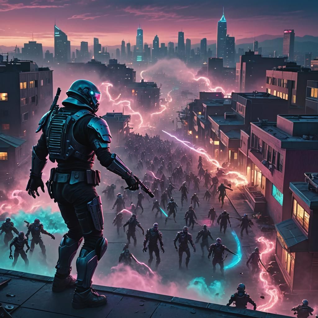 Man Watches Futuristic Zombies in Iridescent Landscape