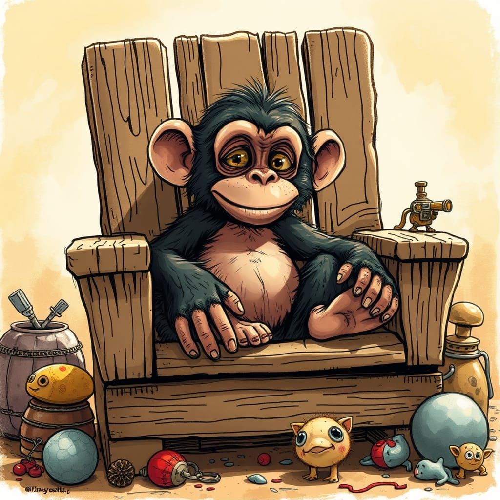 Monkey in Pallet Chair, Whimsical Hand-Drawn Illustration