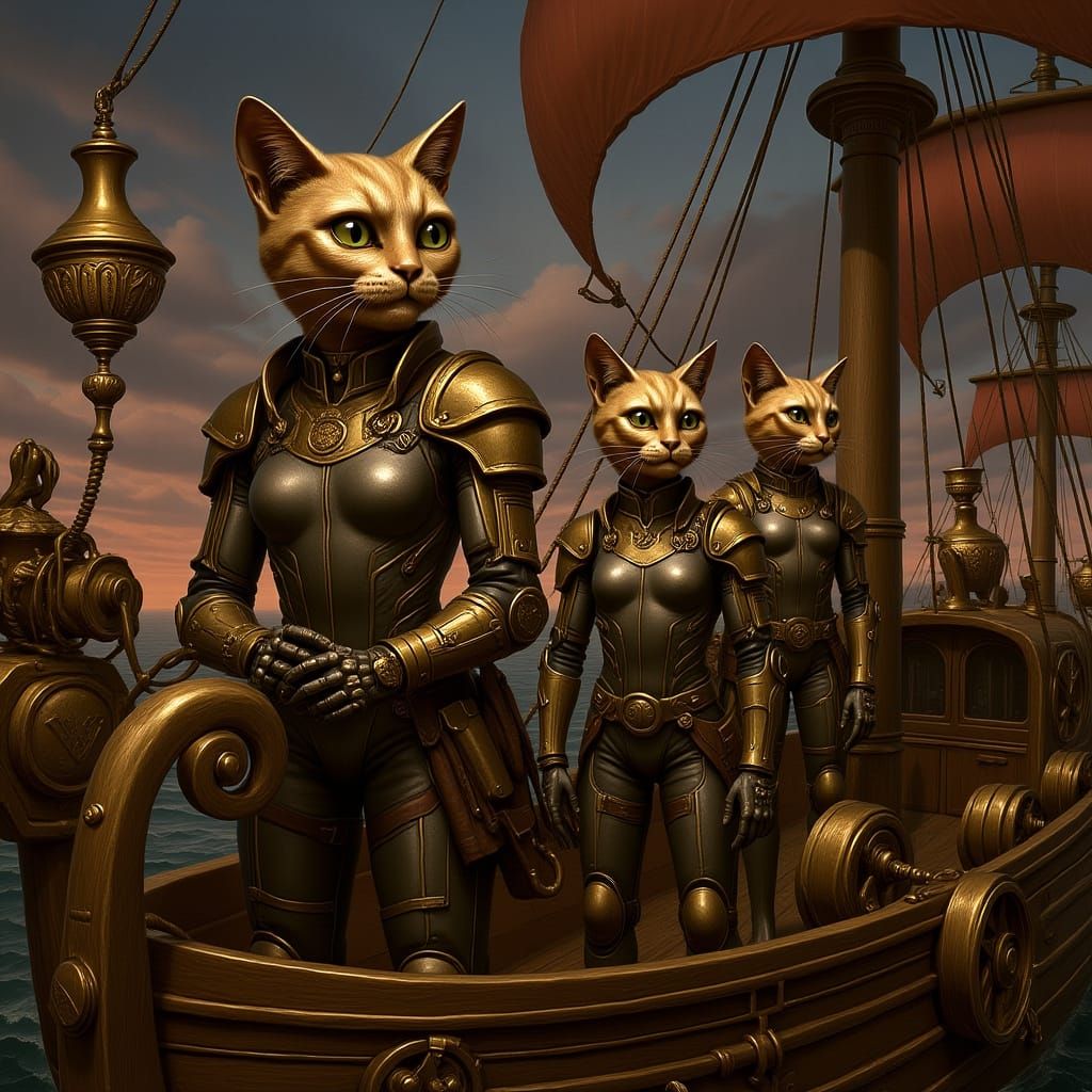 Steampunk Cyborg Cat Goddesses on Airship Expedition