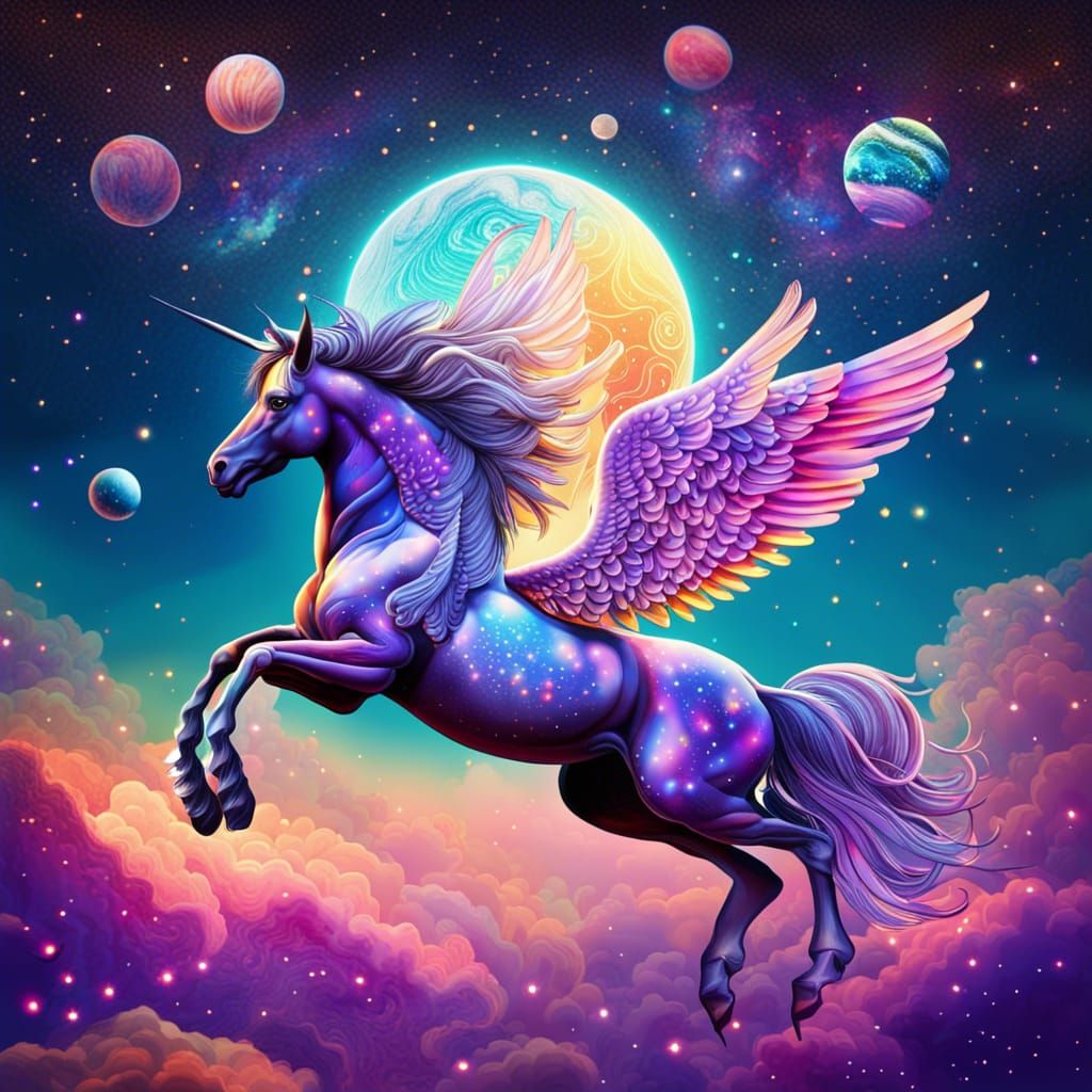 Psychedelic Pegasus in Starry Night Sky