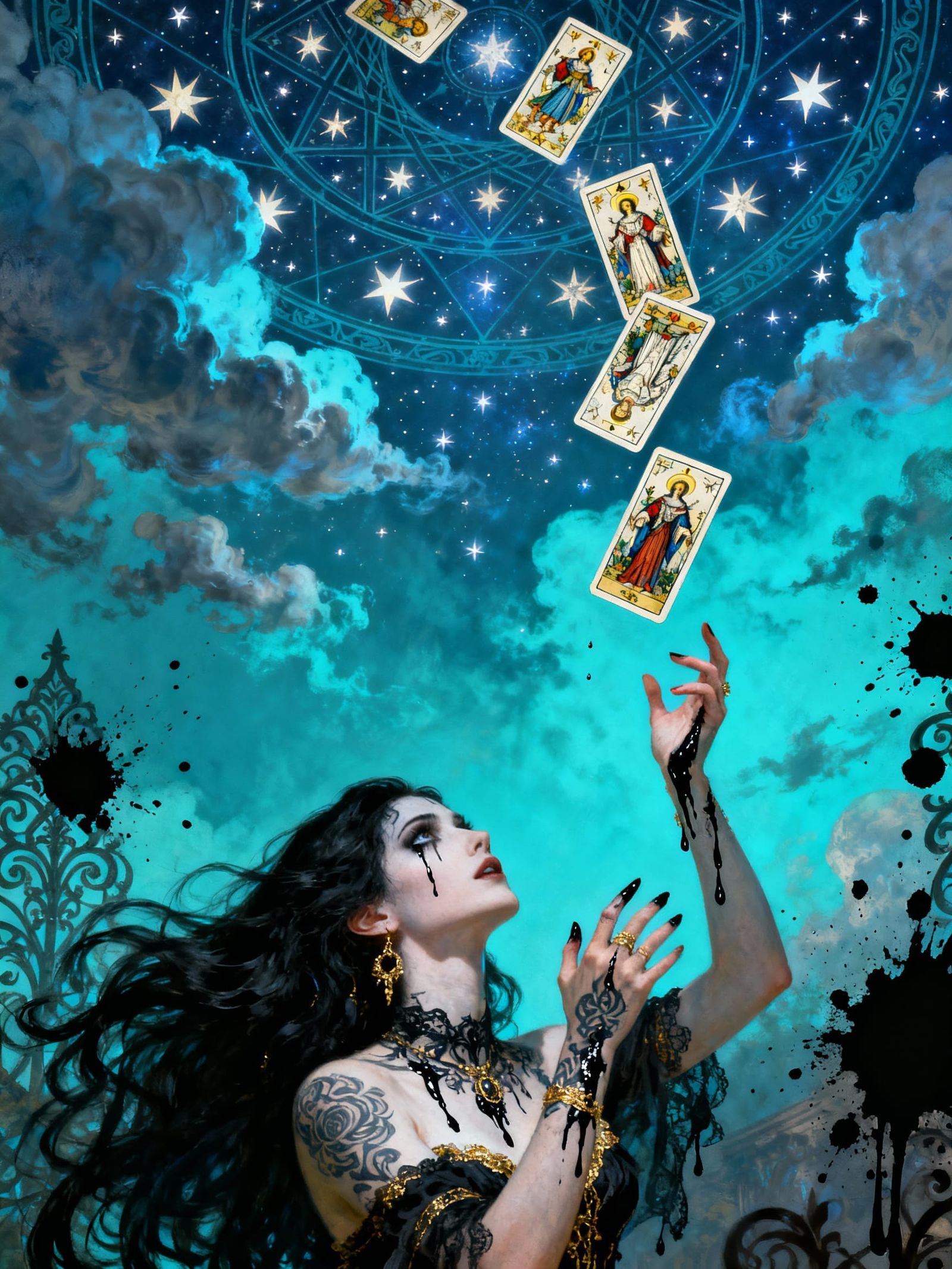 Gothic Gypsy Woman Casts Tarot Under Starry Sky
