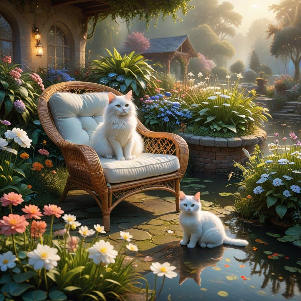Enchanting Garden Scene with Cat in 3D Style