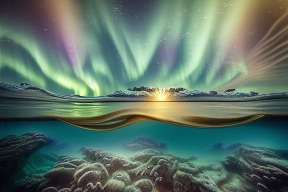 Magical Underwater Seascape with Mermaid and Aurora