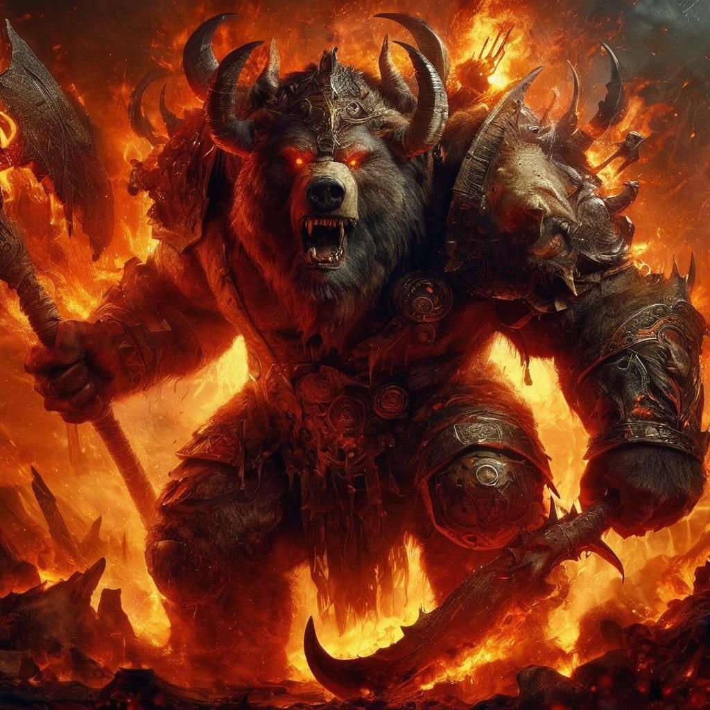 Fiery Grizzly Bear-Minotaur in Dark Mythic Scene