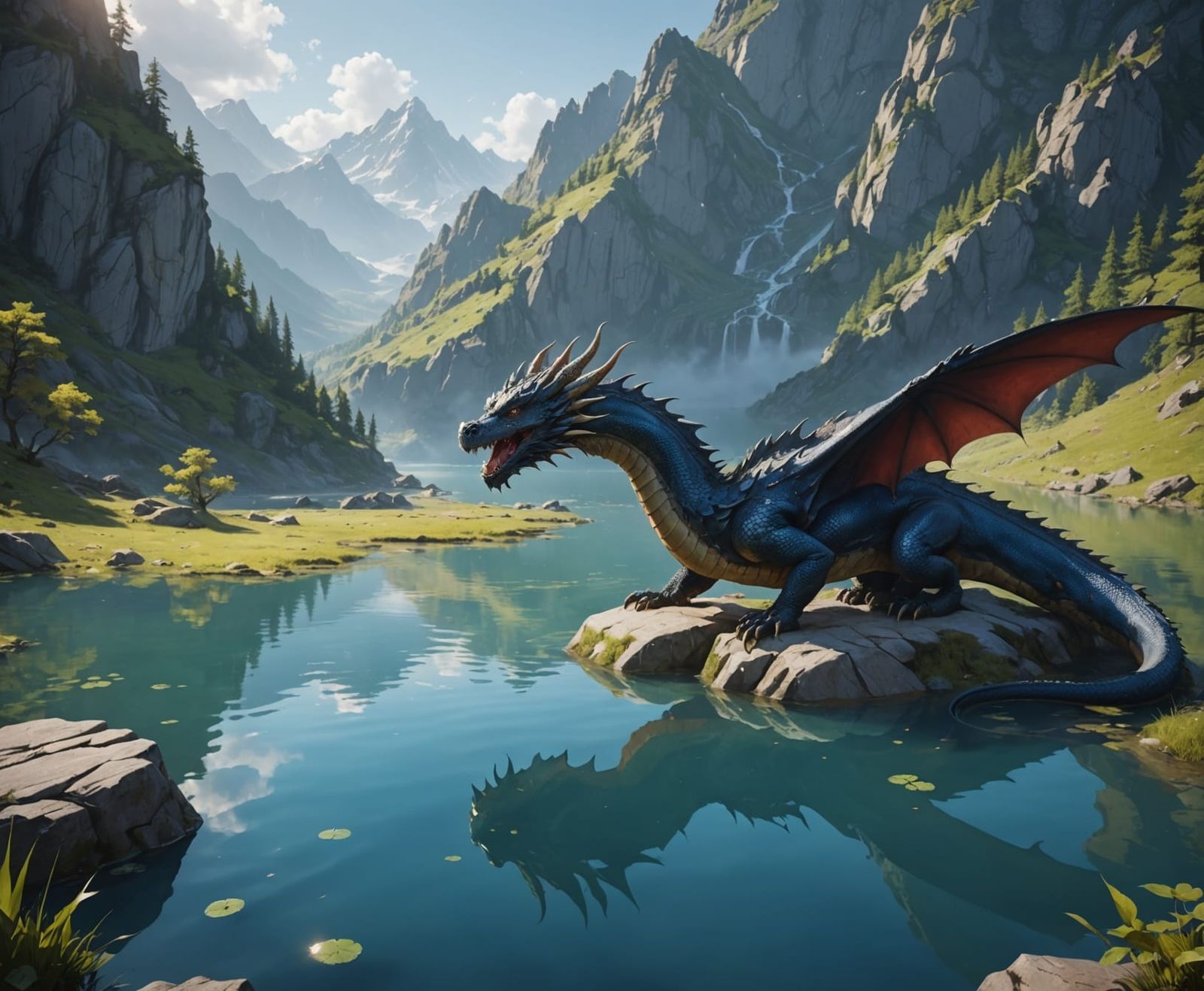 Dragon bathing in a mountain lake