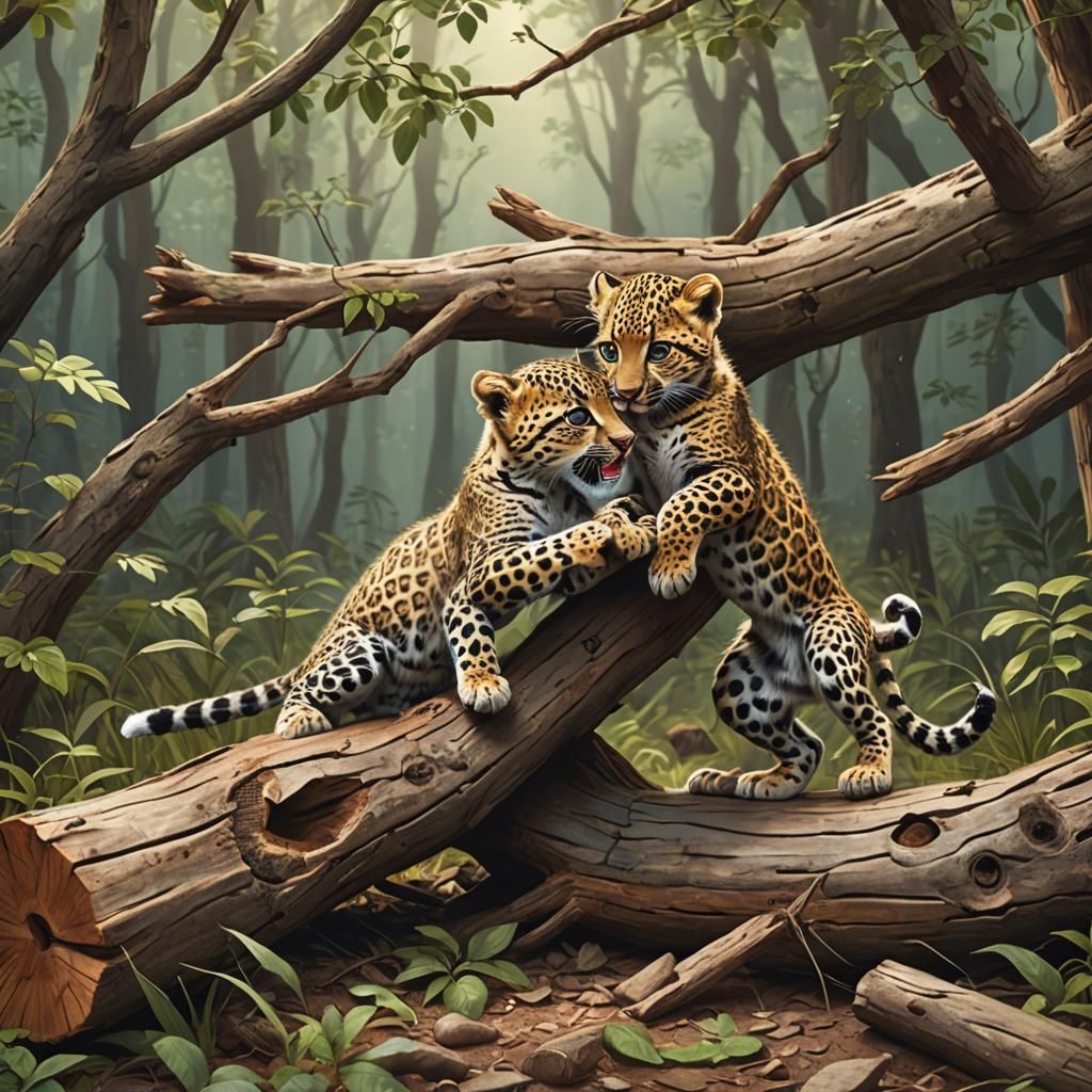 Leopard Cubs Play Fighting: Digital Forest Art