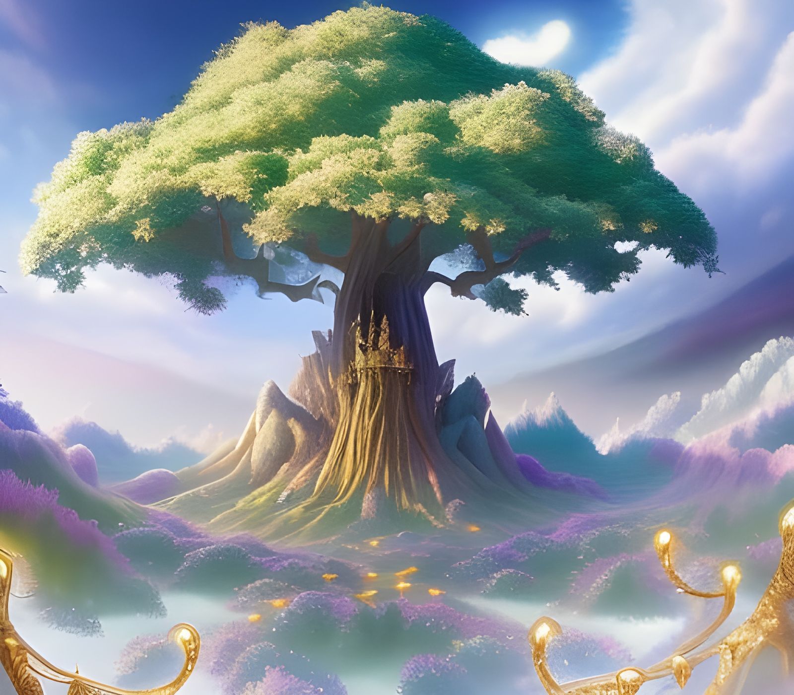 Magical Tree Surrounded by Floating Crystals