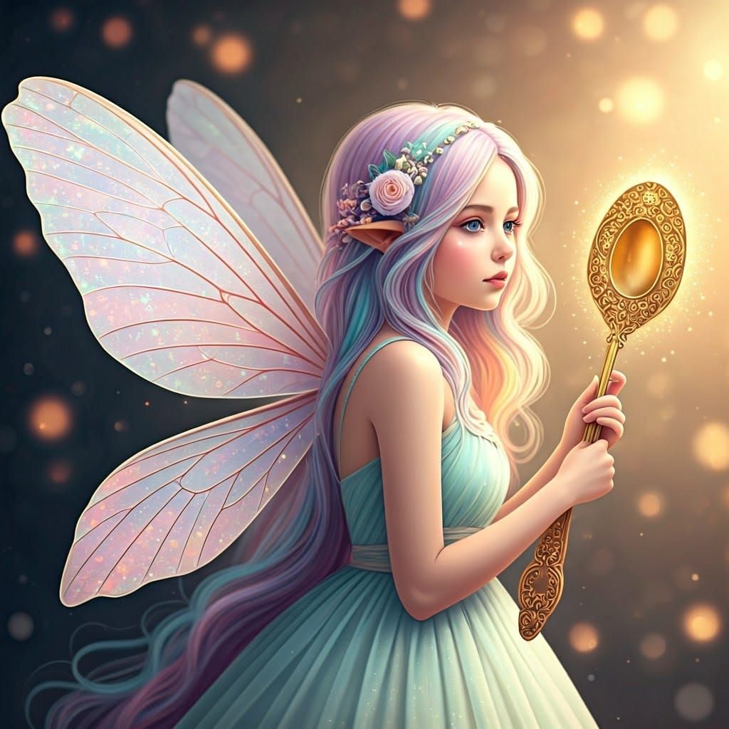 Dreamy Fairy Holds Golden Spoon in Art Nouveau Style