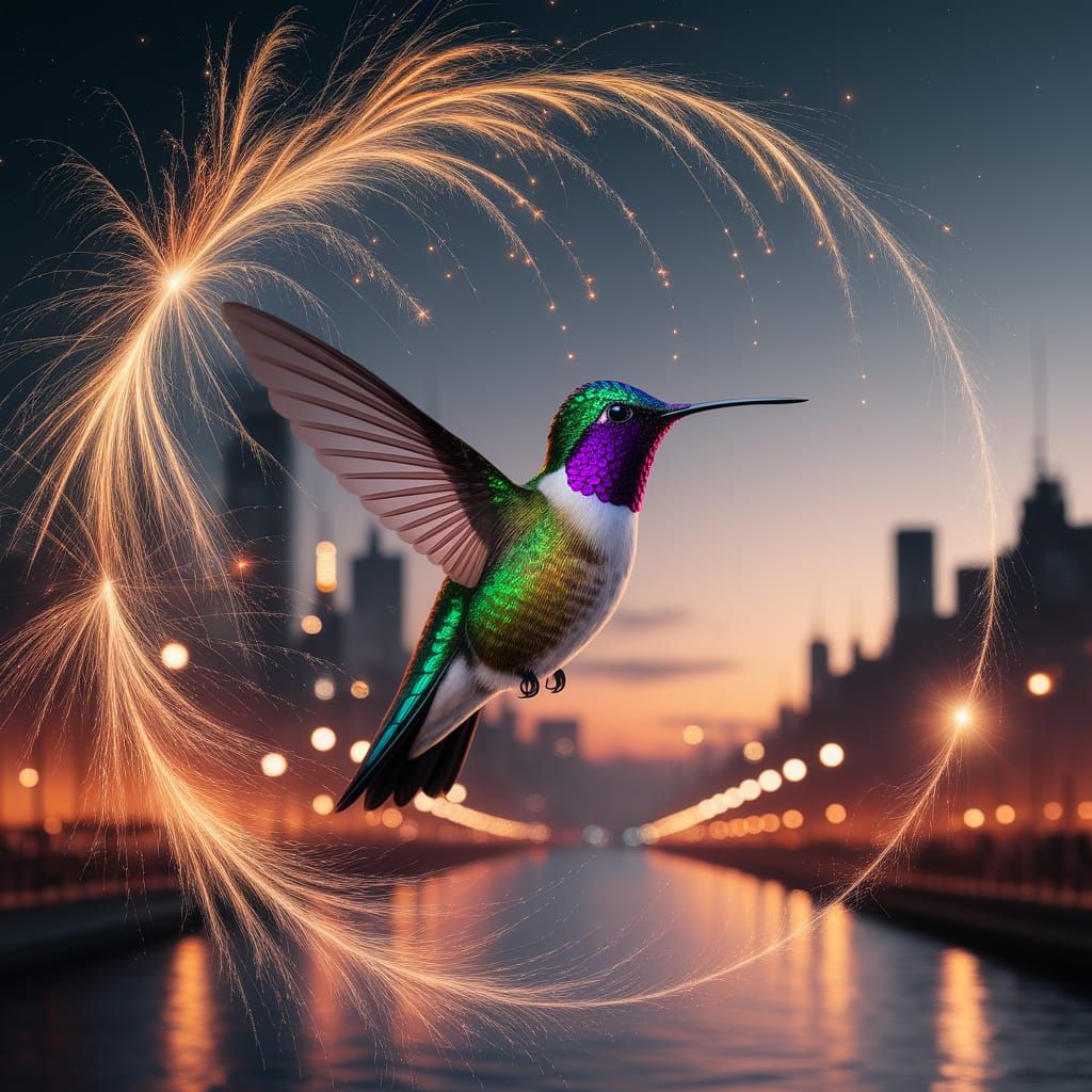 Hummingbird Amidst New Year's Fireworks in 8k