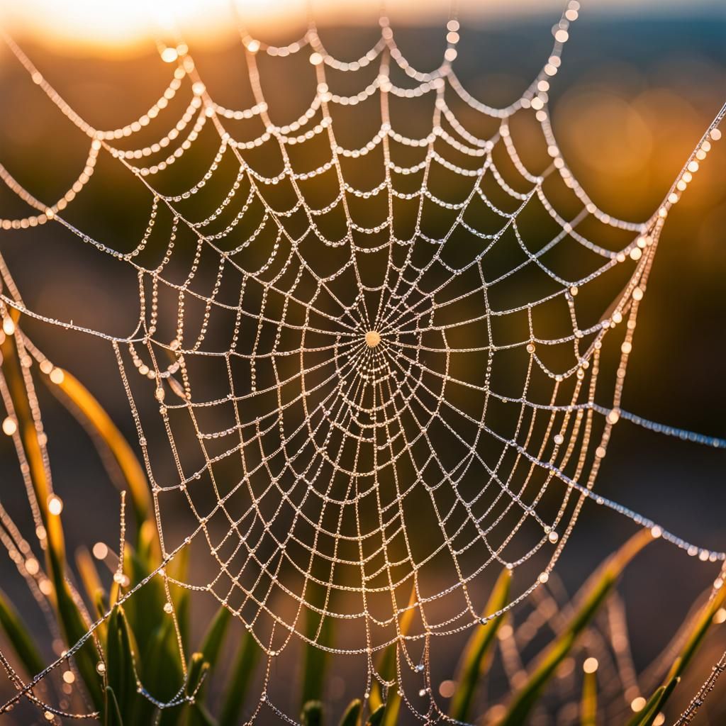 Dew-Kissed Spiderweb: Macro Photograph at Daybreak