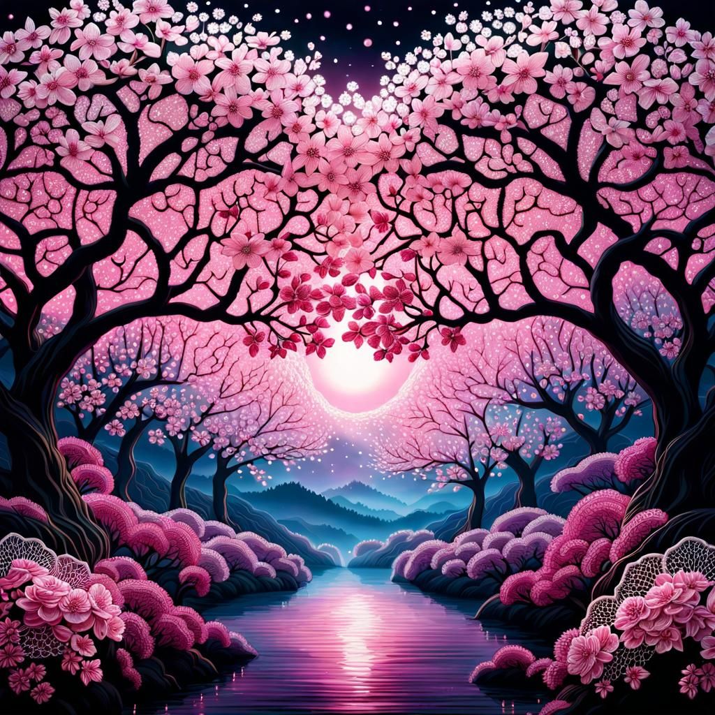 Lace Sakura Tree with Bioluminescent Blooms