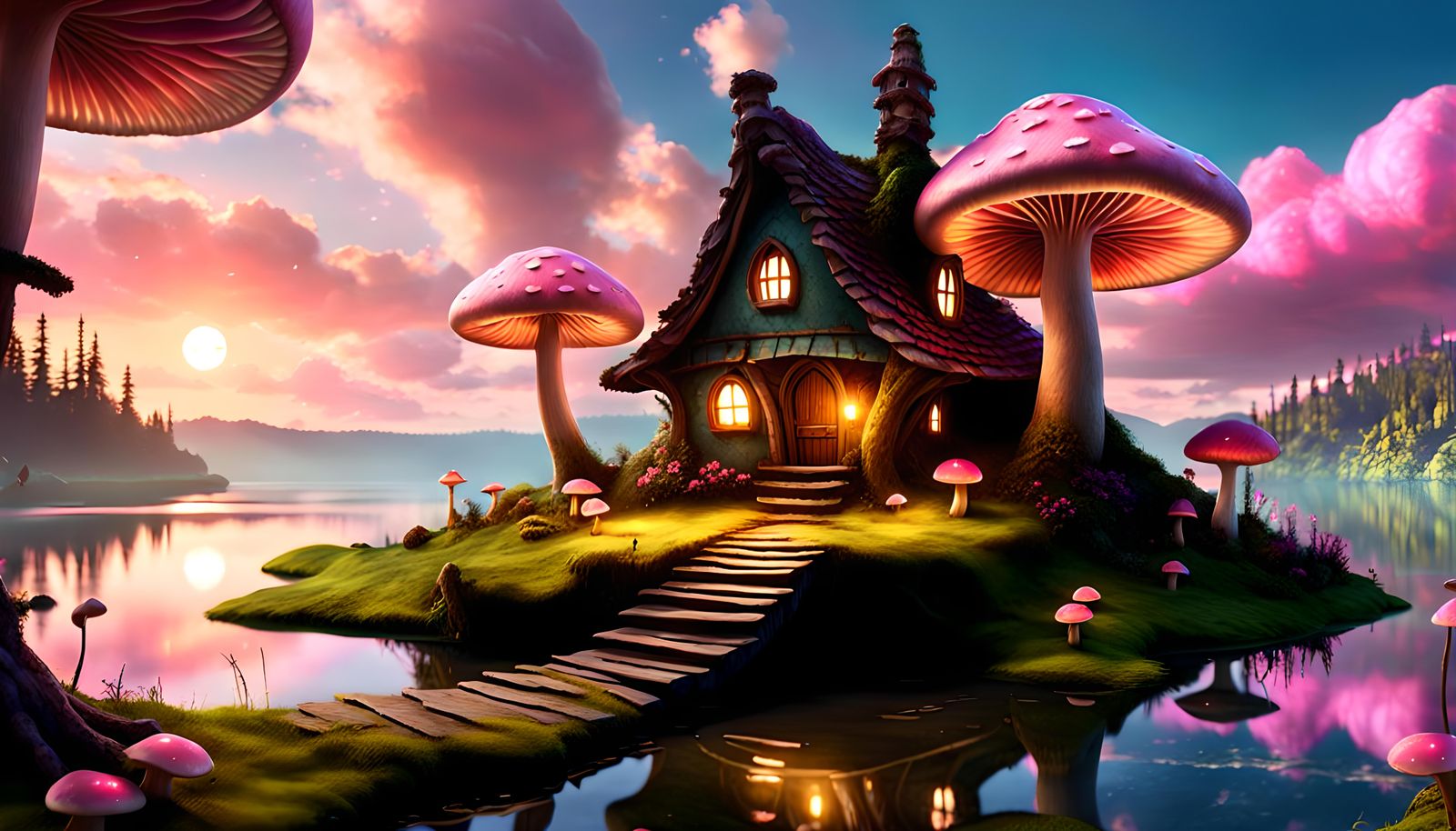 Enchanted Mushroom Fairy Village at Sunrise
