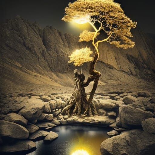 Golden Tree in Lake at Night with Thunderbolt