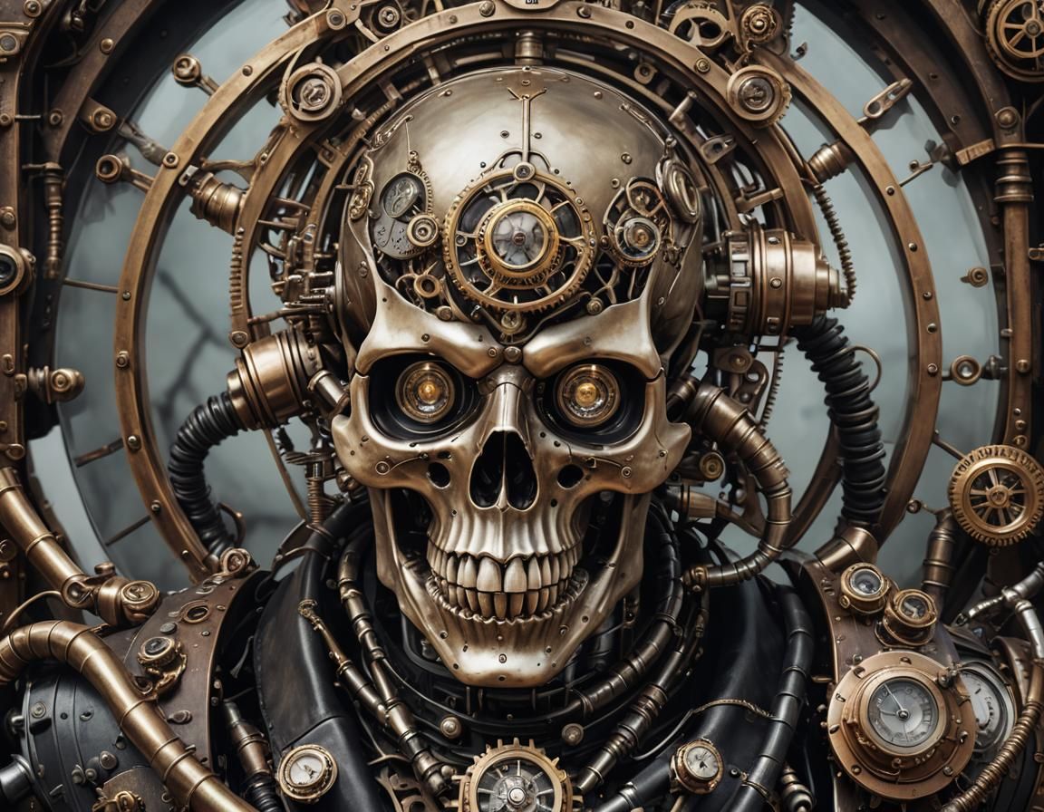 Skull with protruding glass eyes, body and arms in a twisted steampunk style.