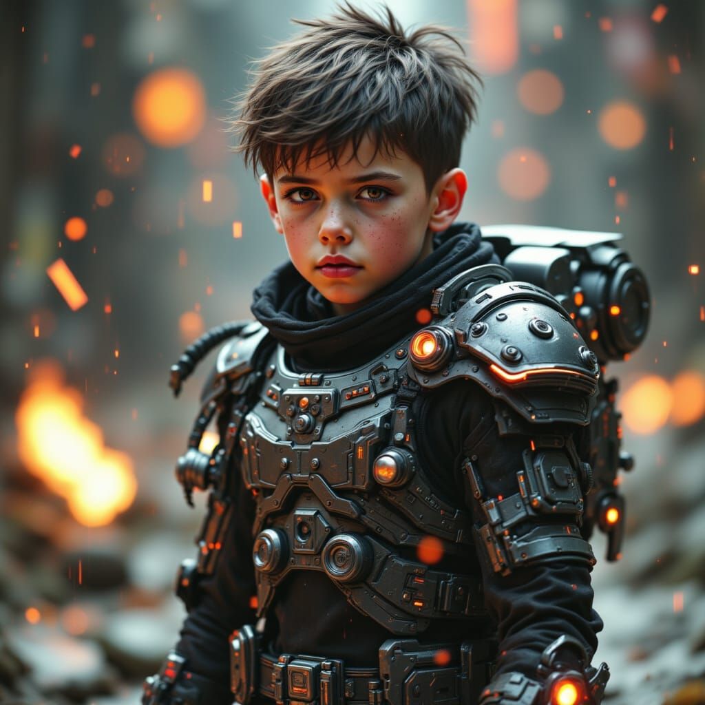 Young Hero in Cyberpunk Battle Gear, Firing Pulse Blasts