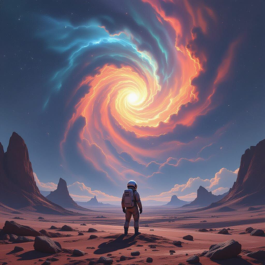 Astronaut Gazing at Nebula on Alien Planet