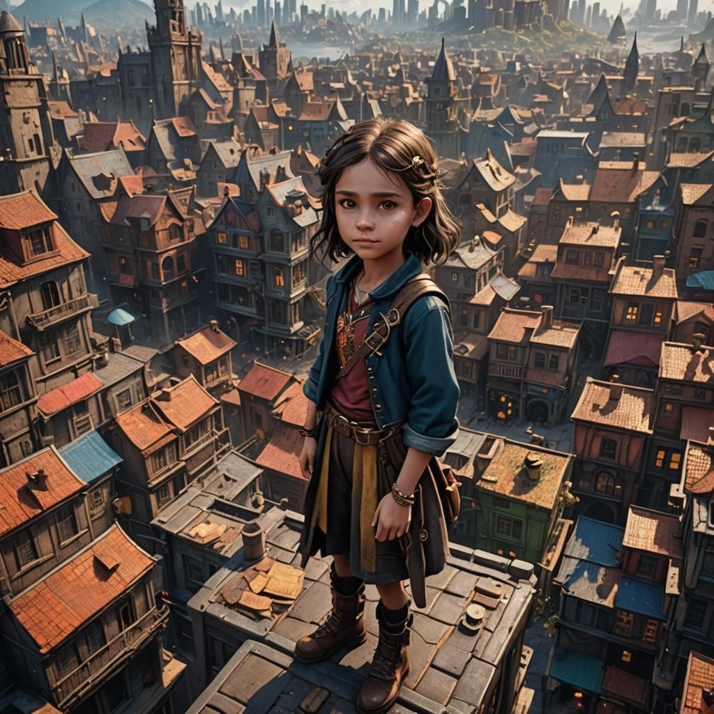 Girl Child's Journey from Rags to Riches in Cityscape