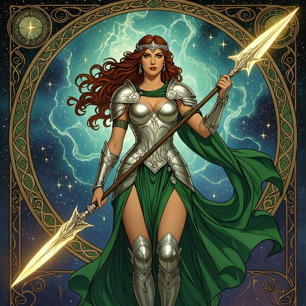 Celtic Goddess in Silver Armor with Glowing Spear
