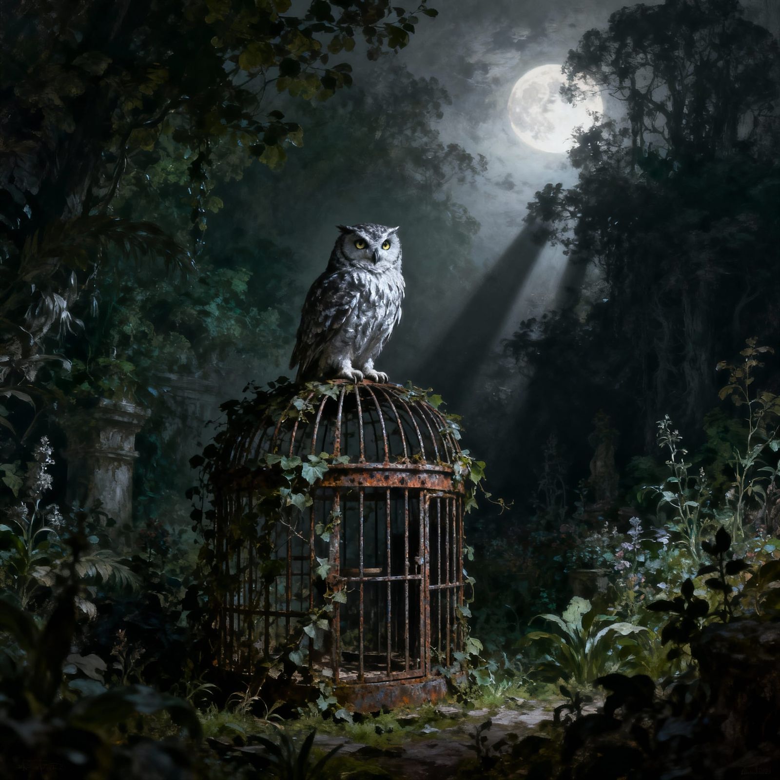 Ancient Owl in Moonlight Garden Cage