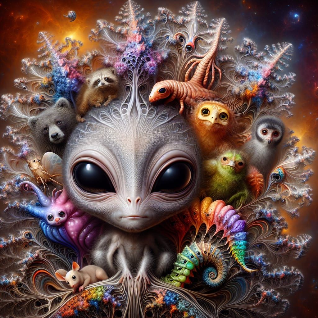 Adorable Alien Gazes at Earth Animals in Surreal Bouquet
