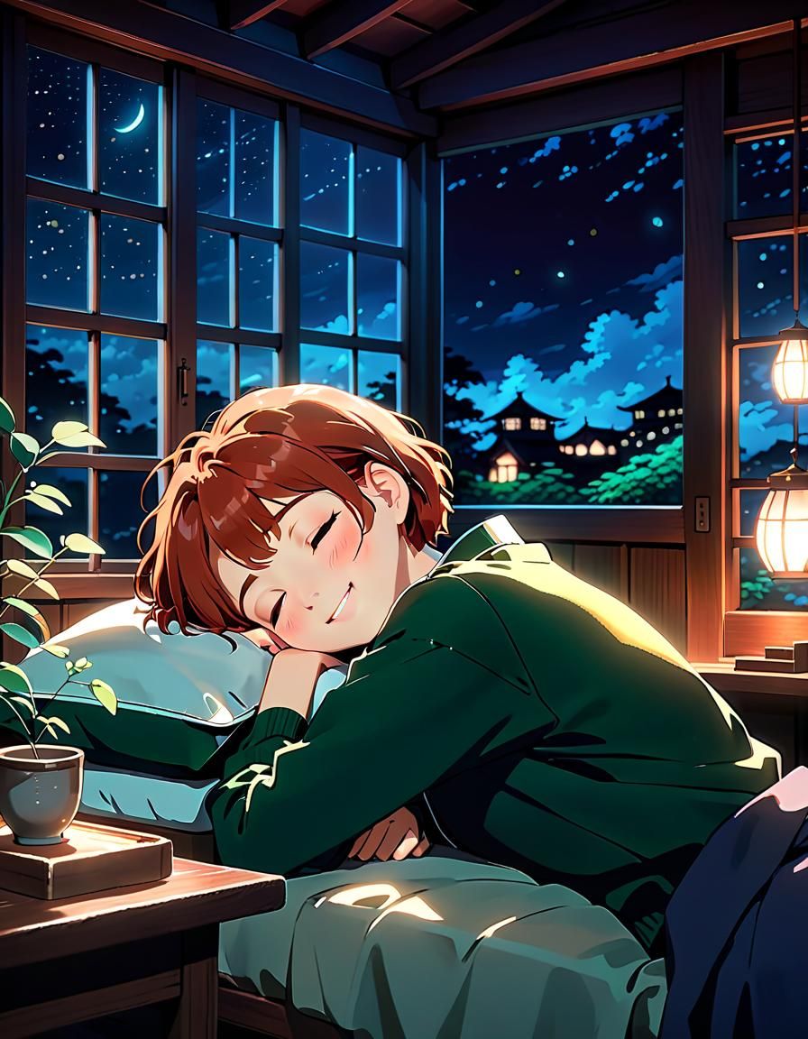 Smiling Woman Sleeping: Studio Ghibli Anime Visual