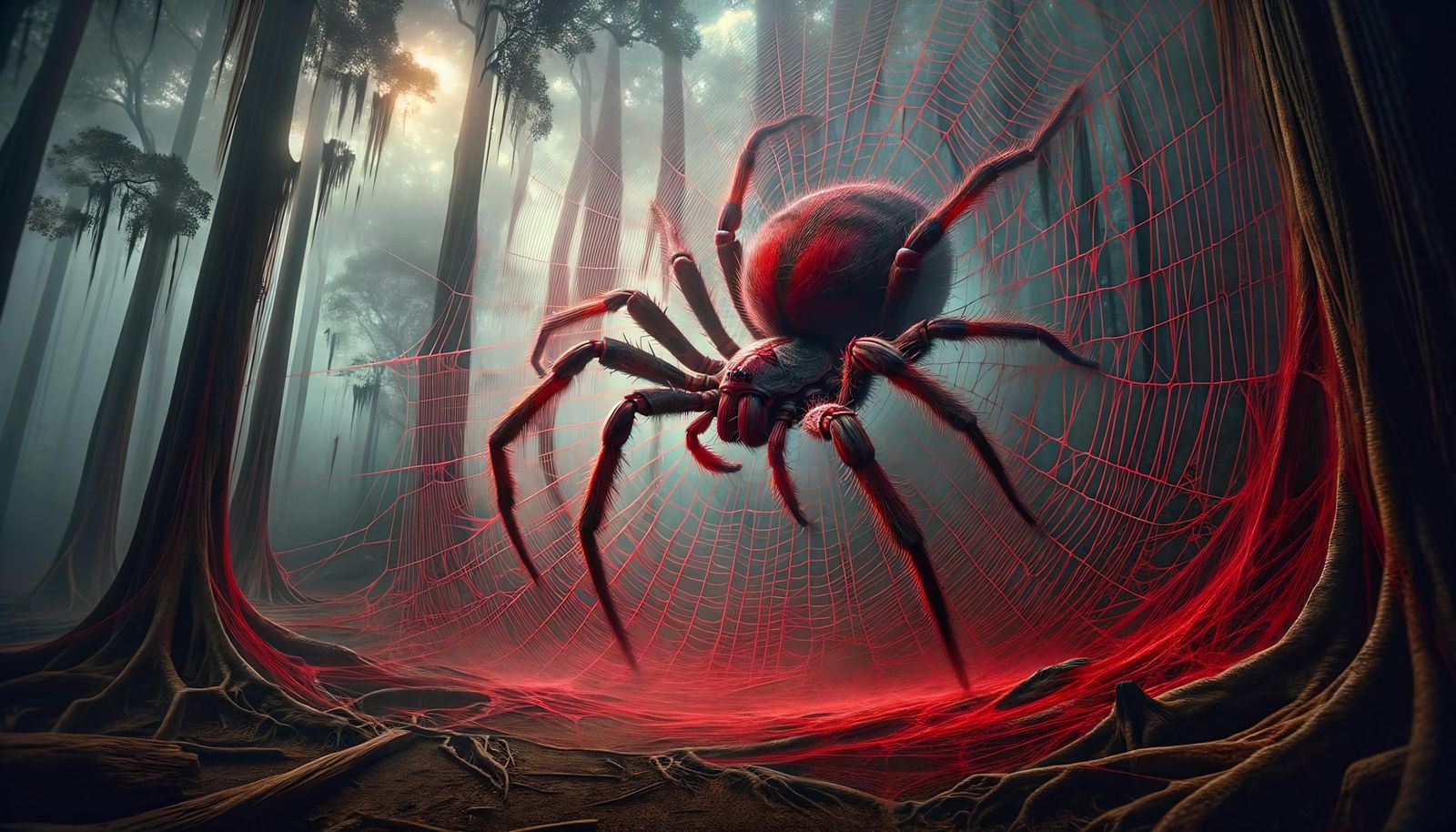 Bloodsilk Spider Spinning Web in Ancient Forest