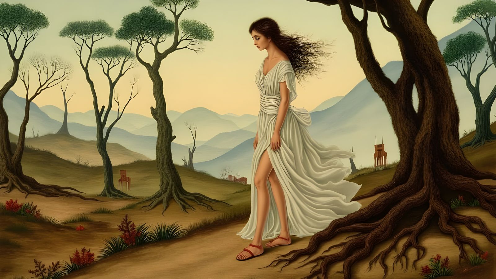 Mystical Priestess Enters Dreamlike Hellenic Scene