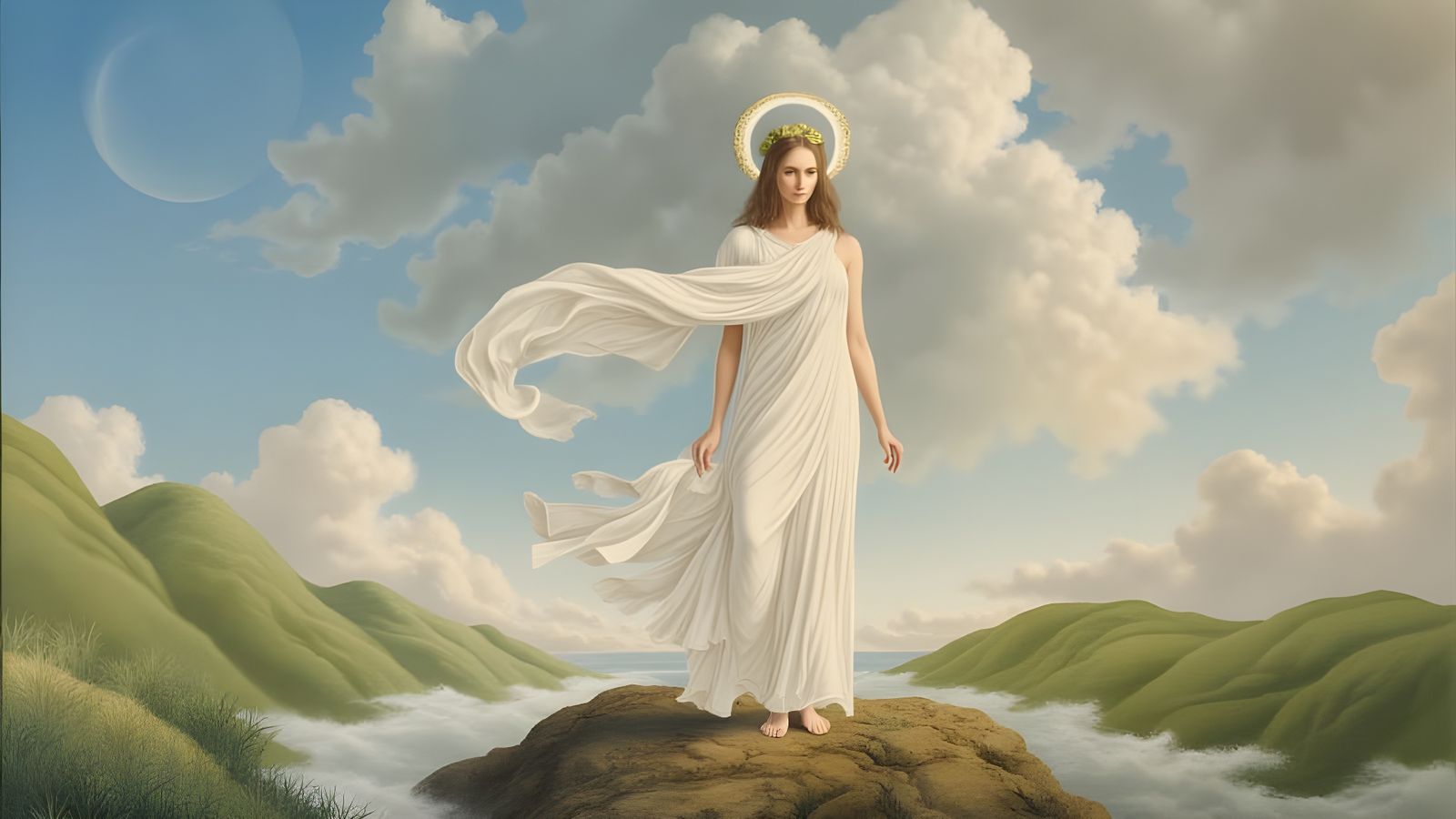 Surreal Ancient Greek Priestess Emerges into a Dreamlike Rea...