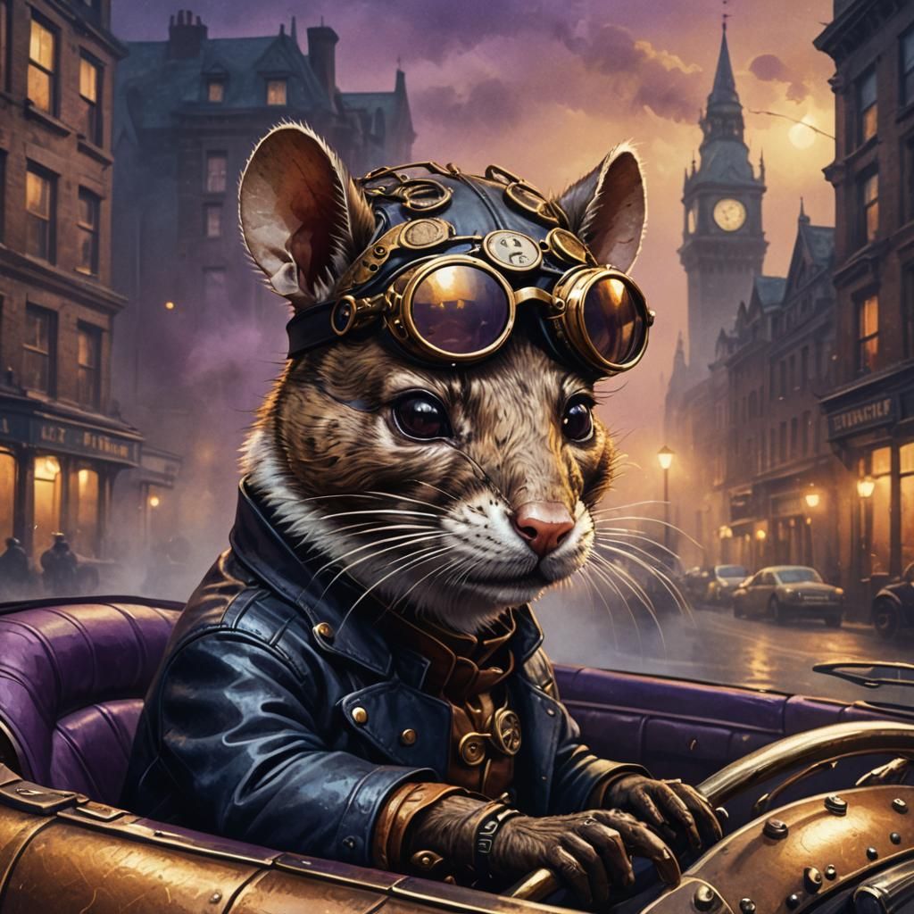 Steampunk Rat Driver in Victorian Era City
