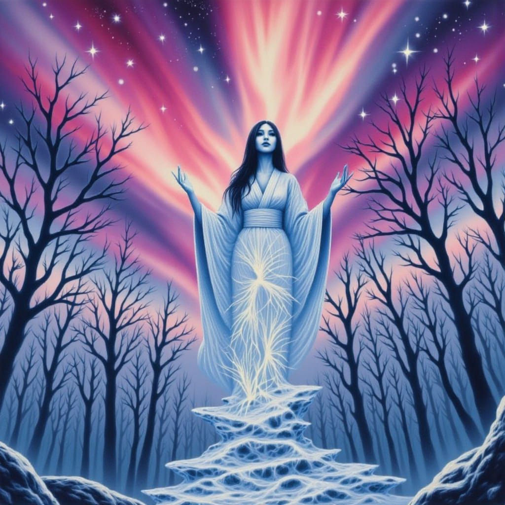 Yuki-onna Spirit in Neon Aurora Frozen Forest