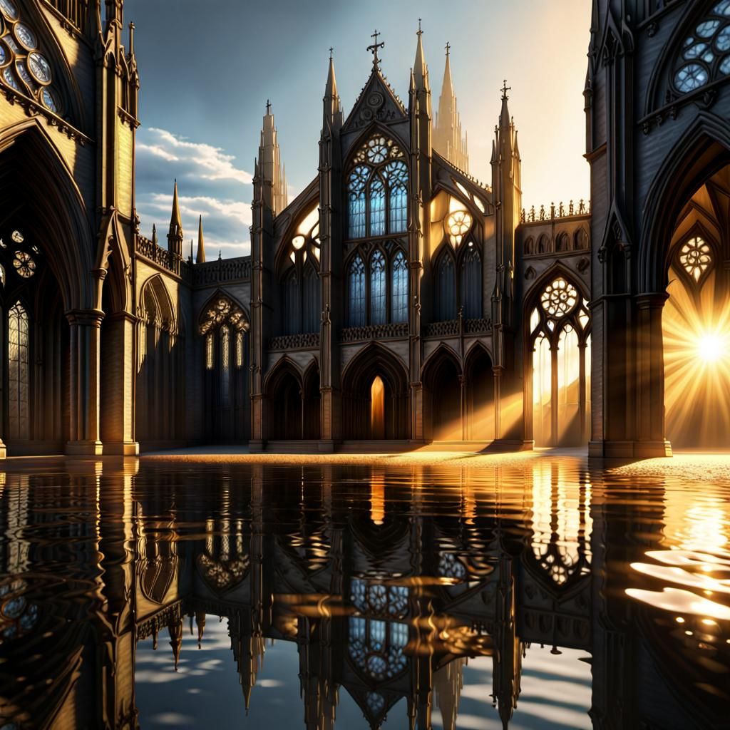 Eldritch Gothic Cathedral Reflected in Water