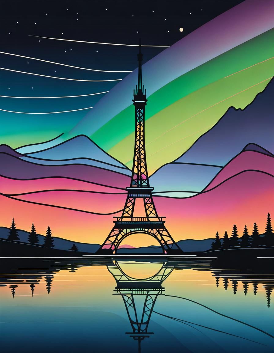Eiffel Tower Japandi Line Art with Northern Lights