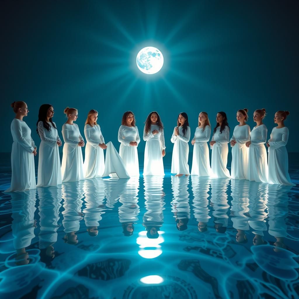 Ethereal Figures in Ultraluminescent Gowns by Reflecting Poo...