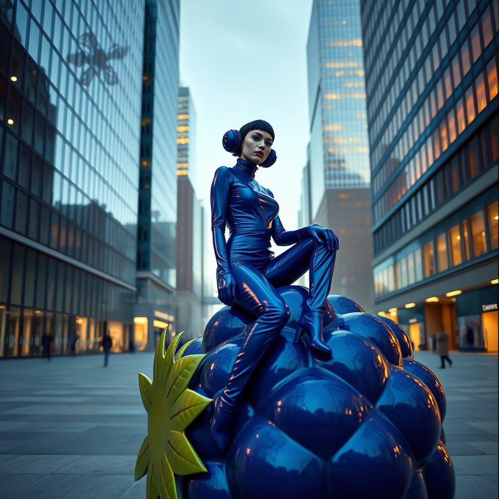 Futuristic Fashion Model on Blueberry Sculpture in City