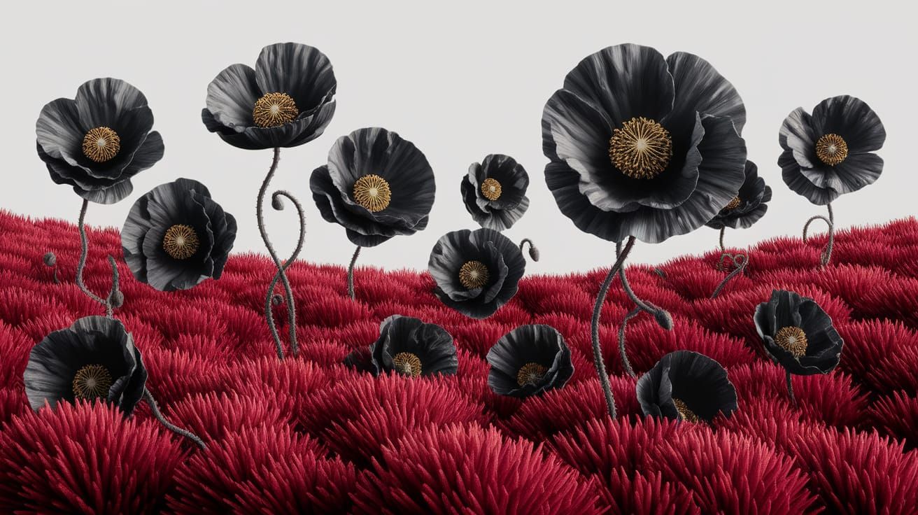 Surreal Gothic Poppies Rise from Red Fur