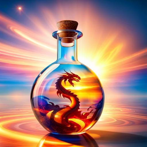 Fiery Dragon Inside Crystal Bottle: Cosmic Art