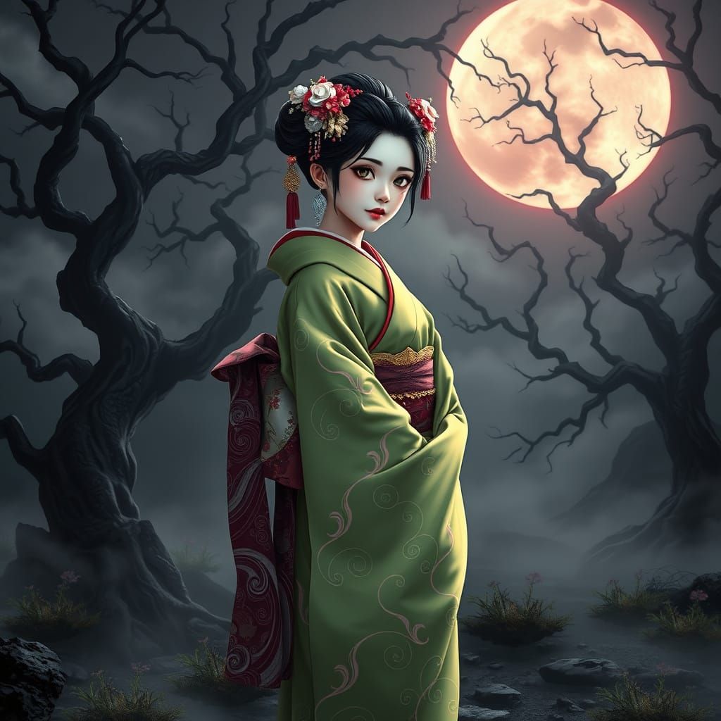 Maiko Geisha in Chartreuse Kimono, Futuristic Noir Style