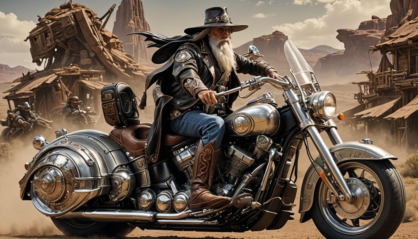 Country Western Wizard on Futuristic Motorcycle