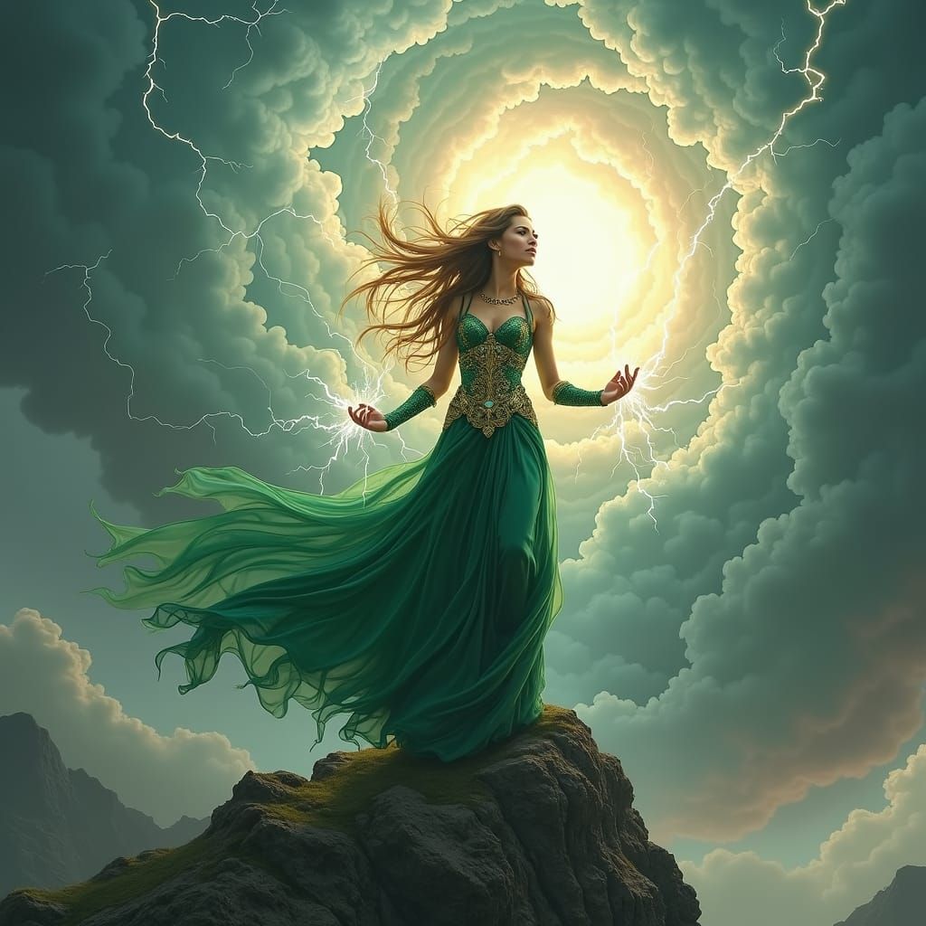 Emerald Thunder Goddess in a Mystical Style