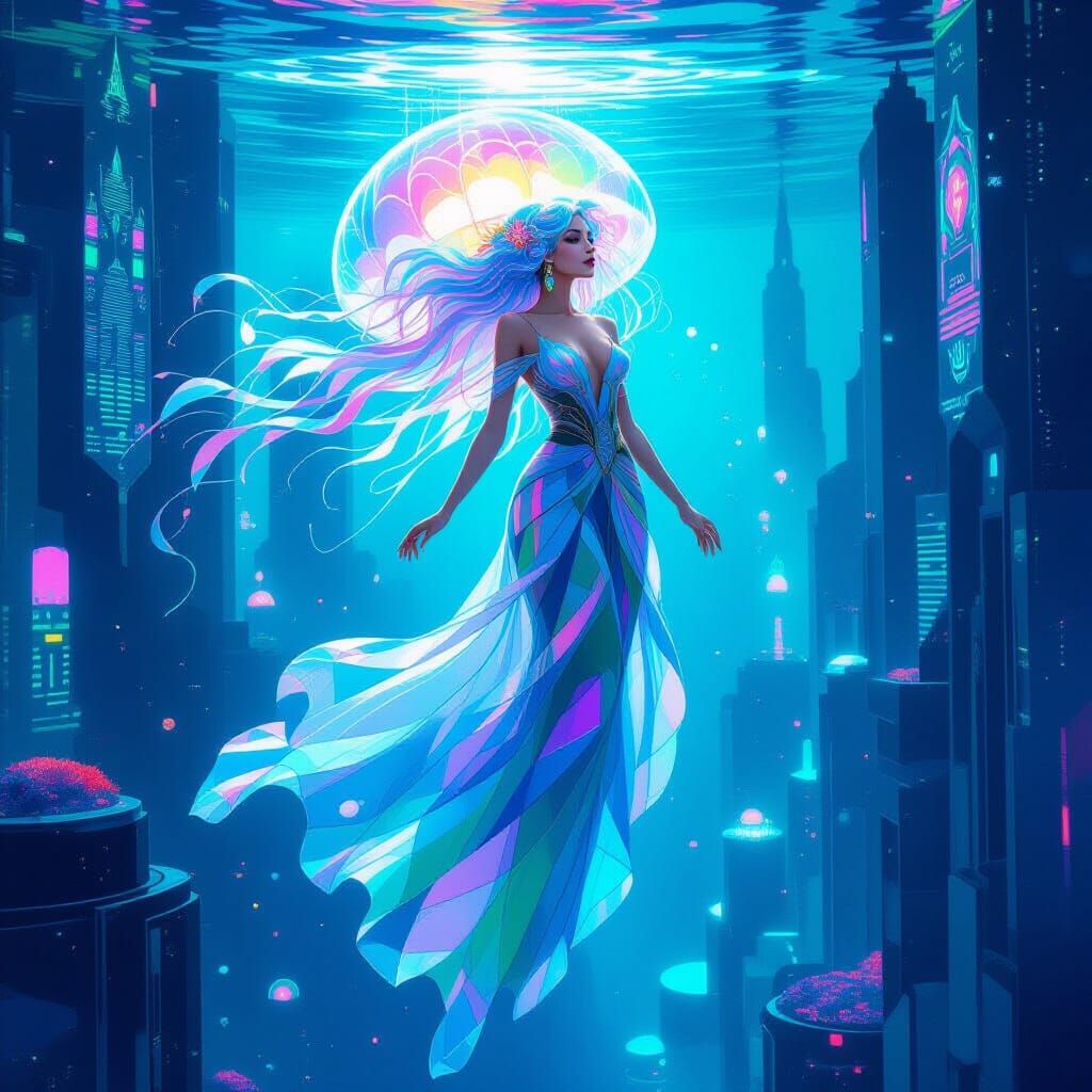 Futuristic Underwater City: Elegant Woman in Art Deco