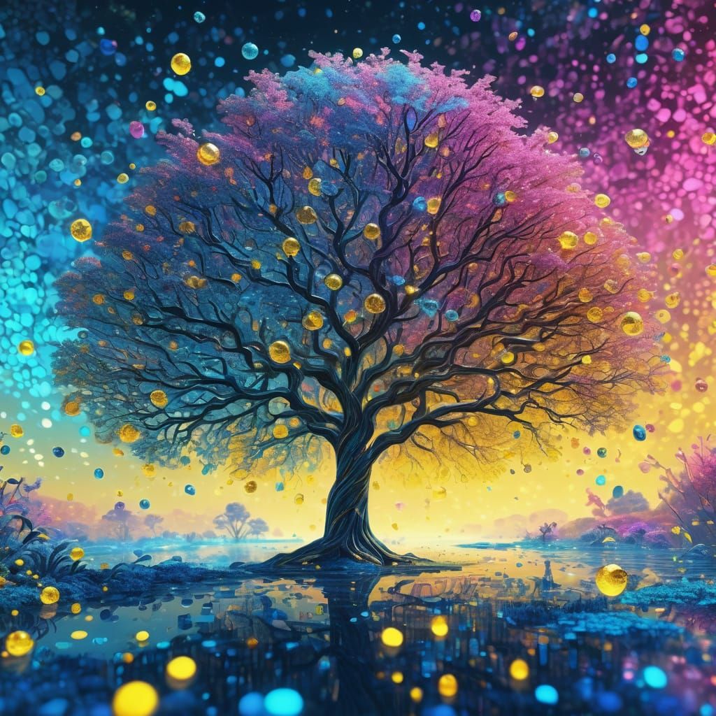Cosmic Glass Mosaic Tree in Vibrant Iridescent Colors