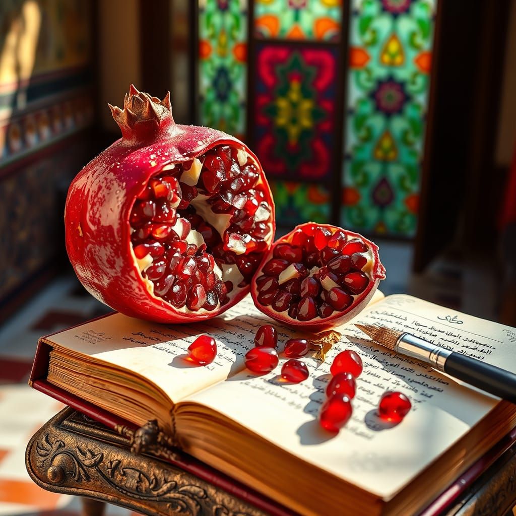 Pomegranate Still Life with Persian Manuscript