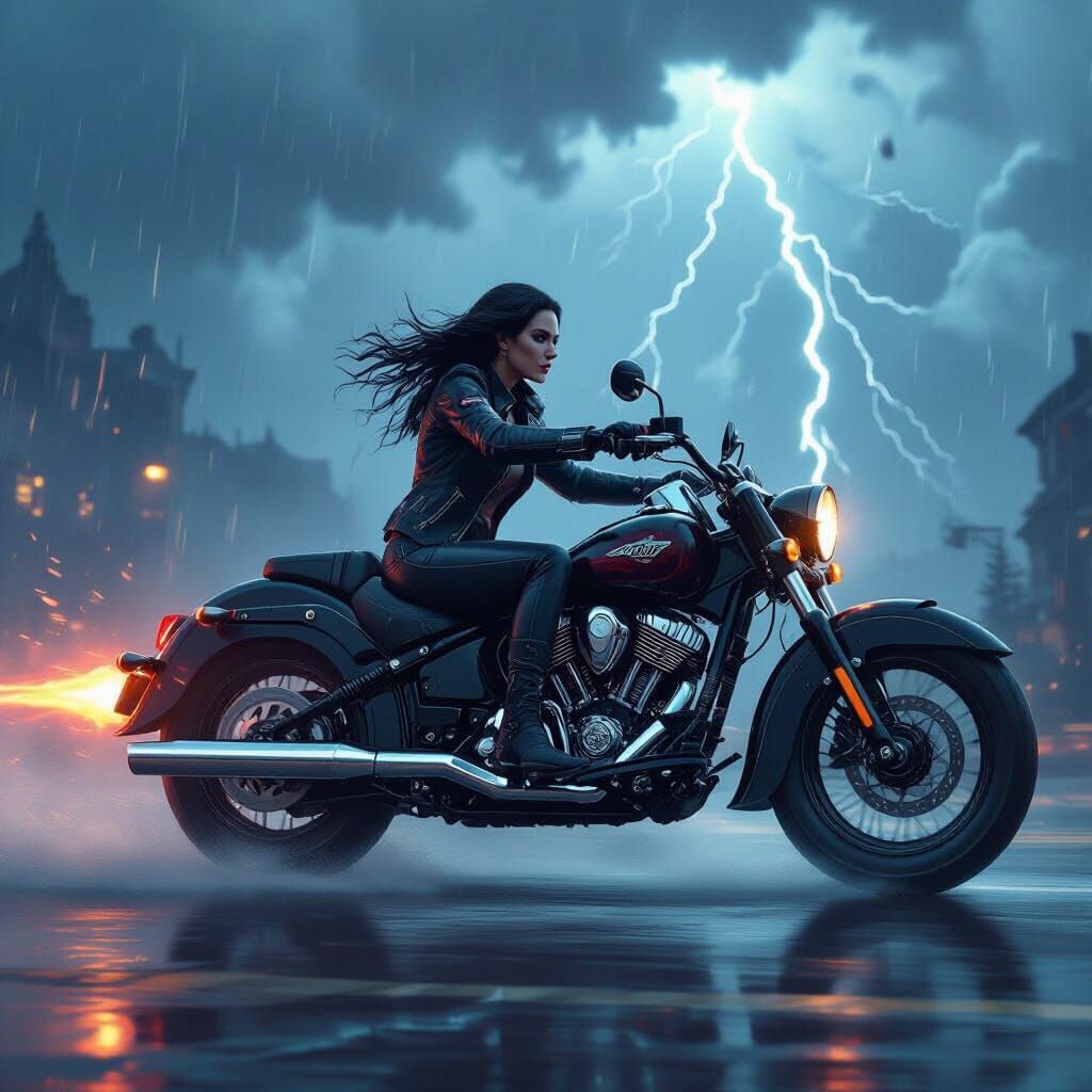 Vampire Rides Motorcycle Through Rainy Night
