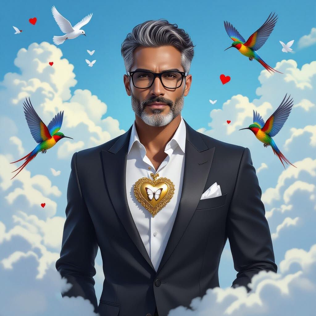 Distinguished Man in Silky Suit with Butterfly Heart
