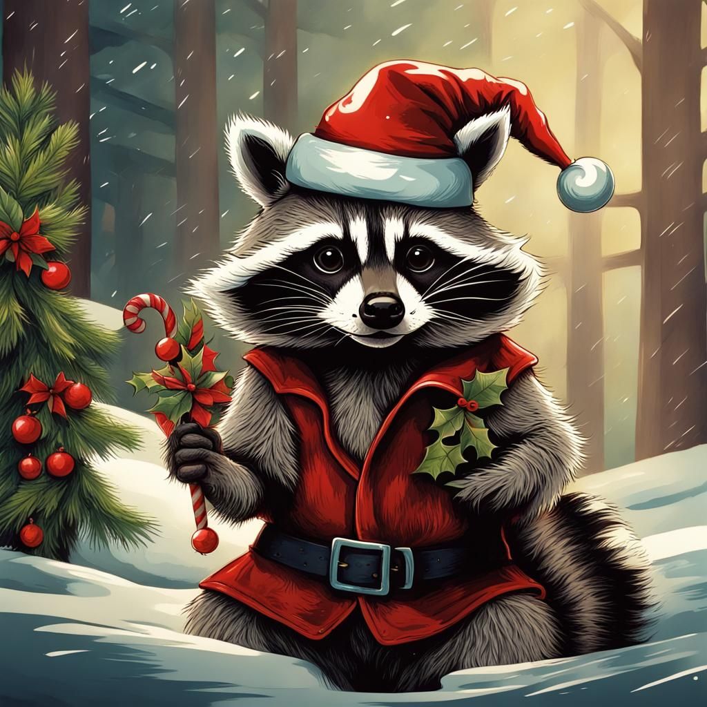 Vintage Christmas Raccoon Drawing with Abstract Details